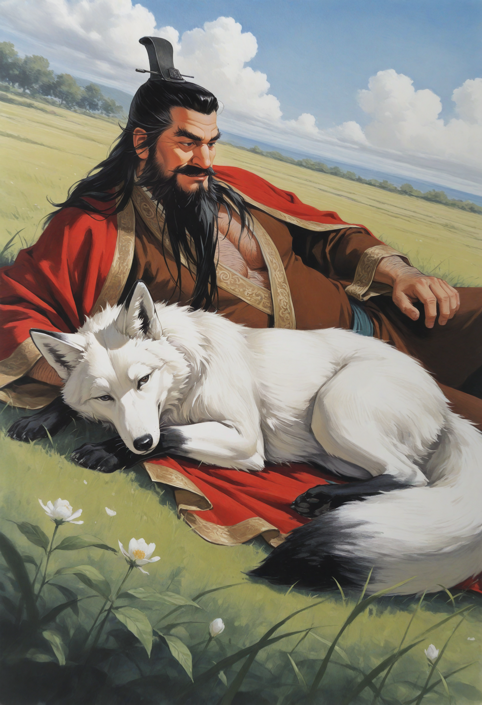 05849-1902611182-1boy, upper body, sitting, from side, smile, gentle smile, on grass, prone bone, holding fox, white fox, lying, on back, dutch a.png